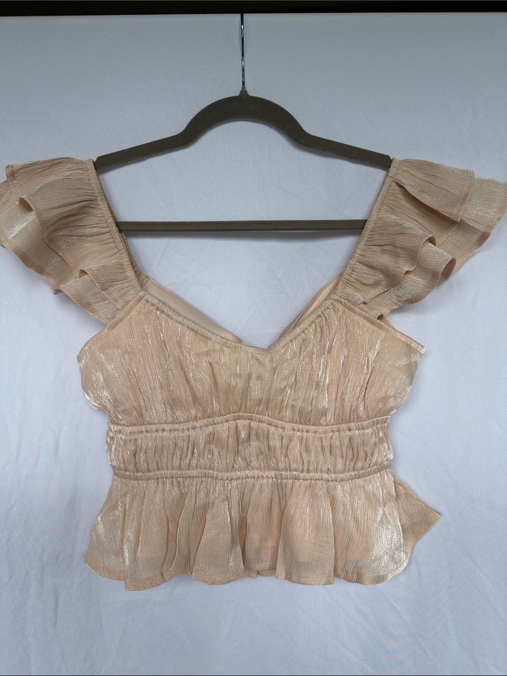 Altar'd State Shimmer Tie-Back Ruffle Crop Top - Beige